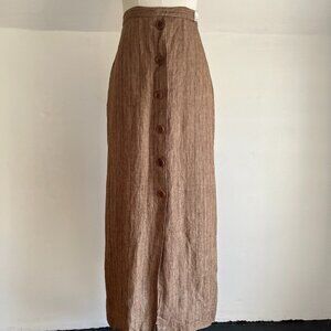 Vintage 1990s Y2K Calvin Klein Brown Striped Linen Button Front Midi Skirt - XS